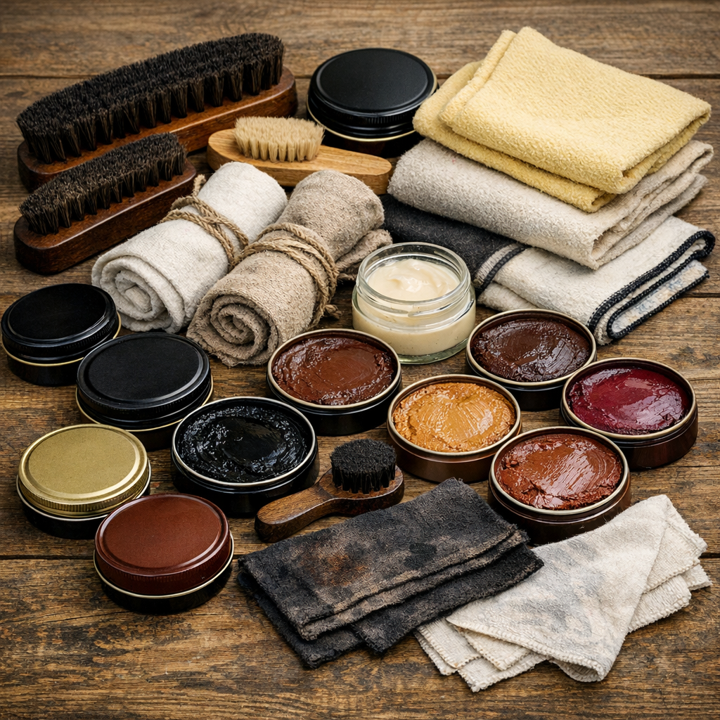 Outils de cirage professionnel : boîtes à cirage et chiffons